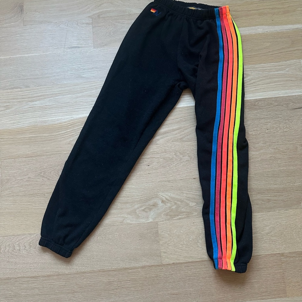 Aviator Nation 5 Stripe Sweatpant in Black & Neon Rainbow, Size Small
